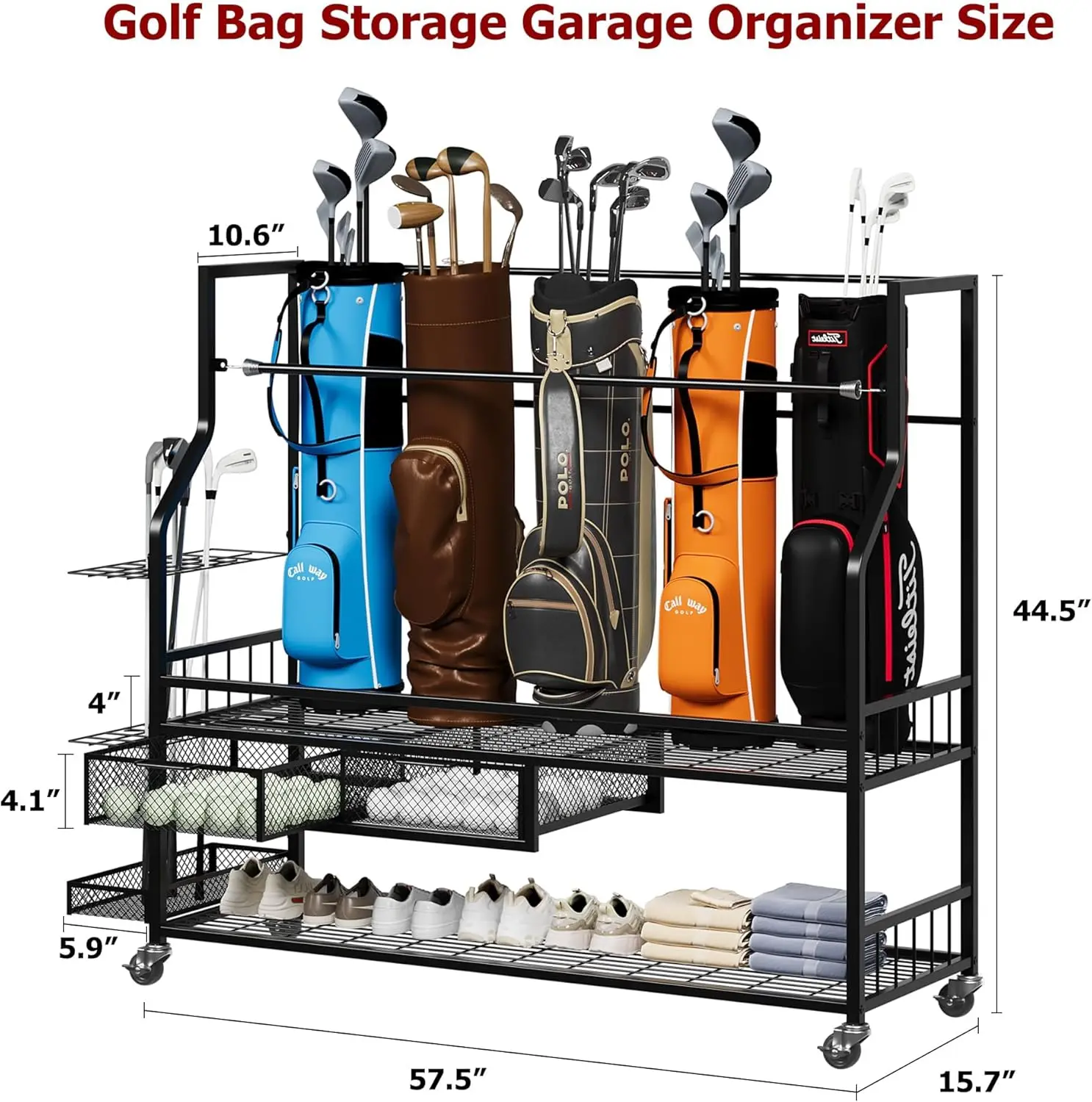 Golf Equipment Garage Organizer - Multifunctional Rolling Golf Bags Storage Shelf