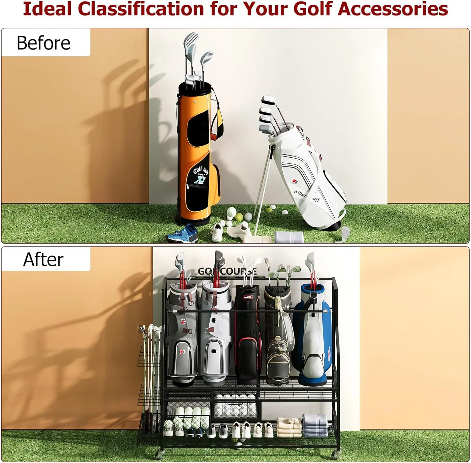 Multifunctional Rolling Golf B - огляд і ціна Golf Equipment Garage Organizer